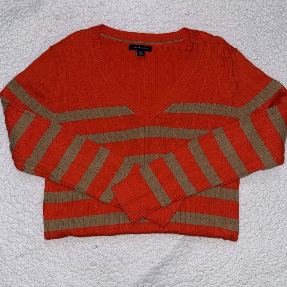 Tommy Hilfiger Orange & Tan V-Neck Sweater